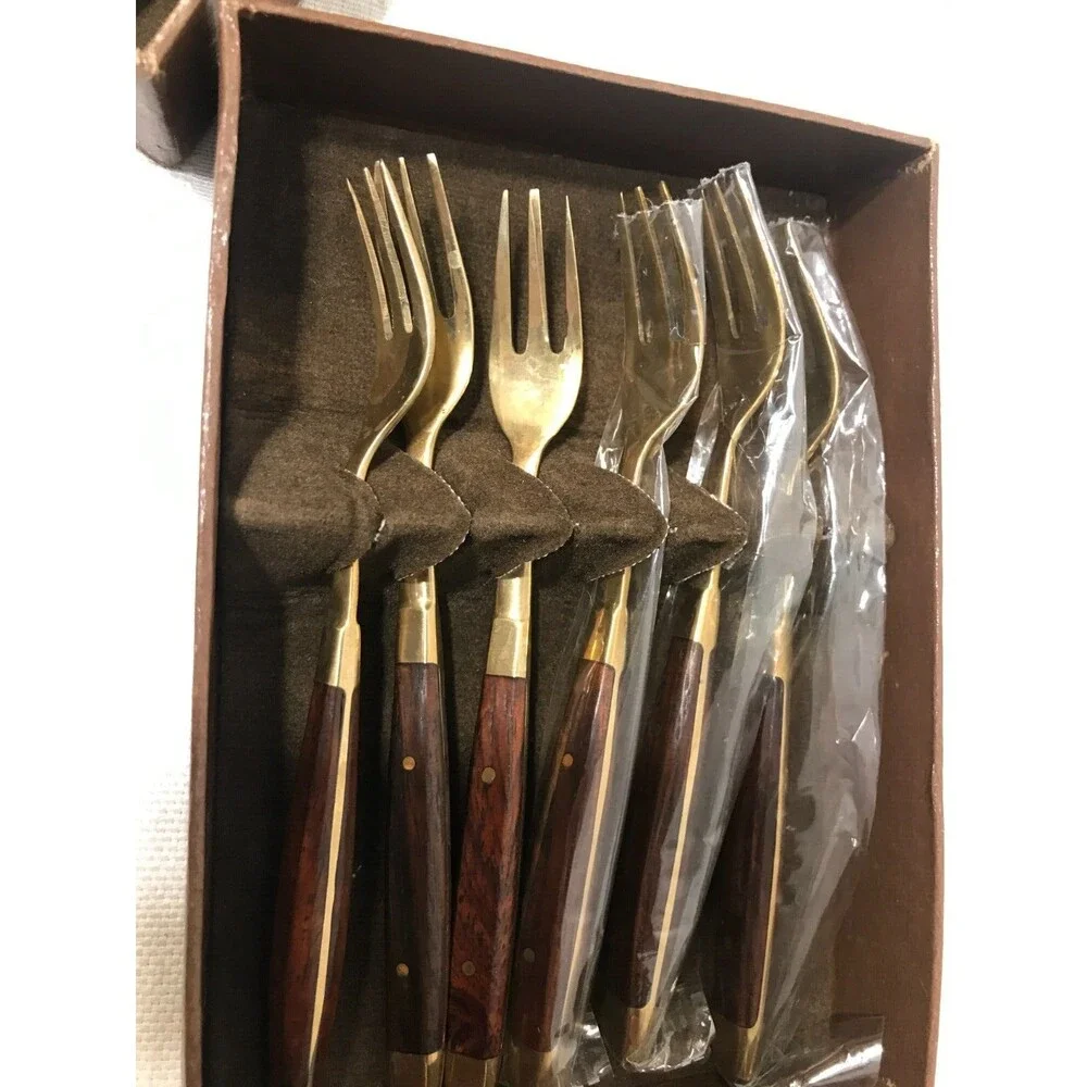 NEW! Williams Sonoma 6 Mini Forks 6 Mini Knives Knife Set Wood Handle Gold 5